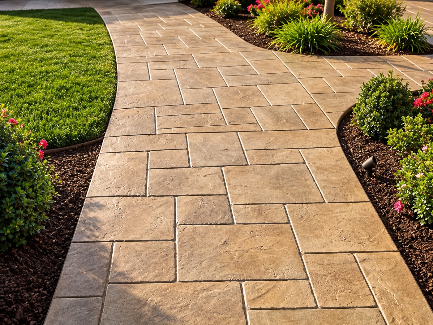 Curved stone walkway through a landscaped front yard