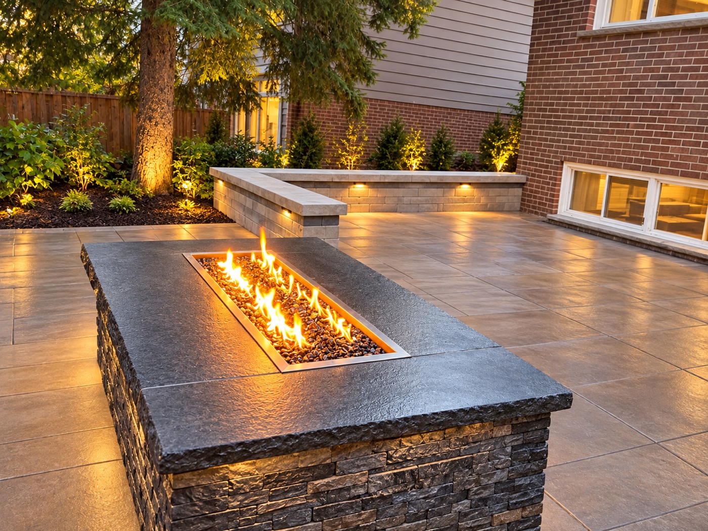 Backyard patio with fire feature at dusk