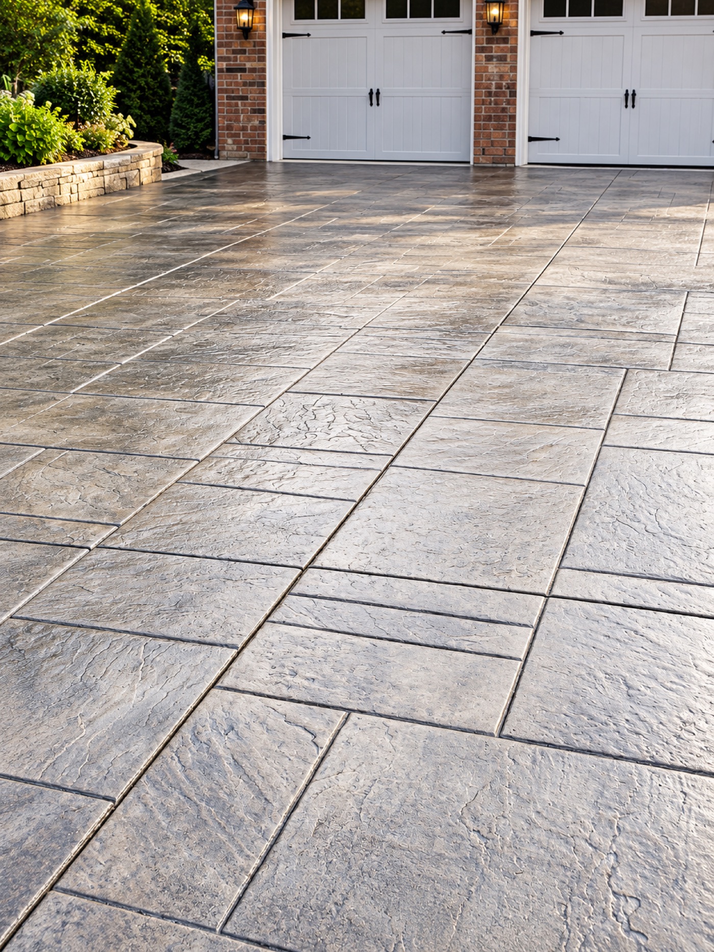 Stamped concrete driveway leading to a two-car garage
