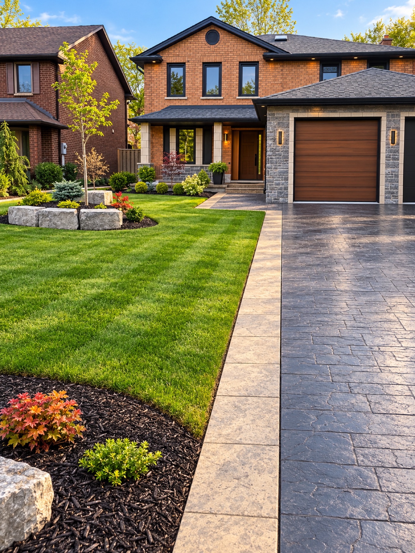Front yard landscaping and driveway at a two-story home