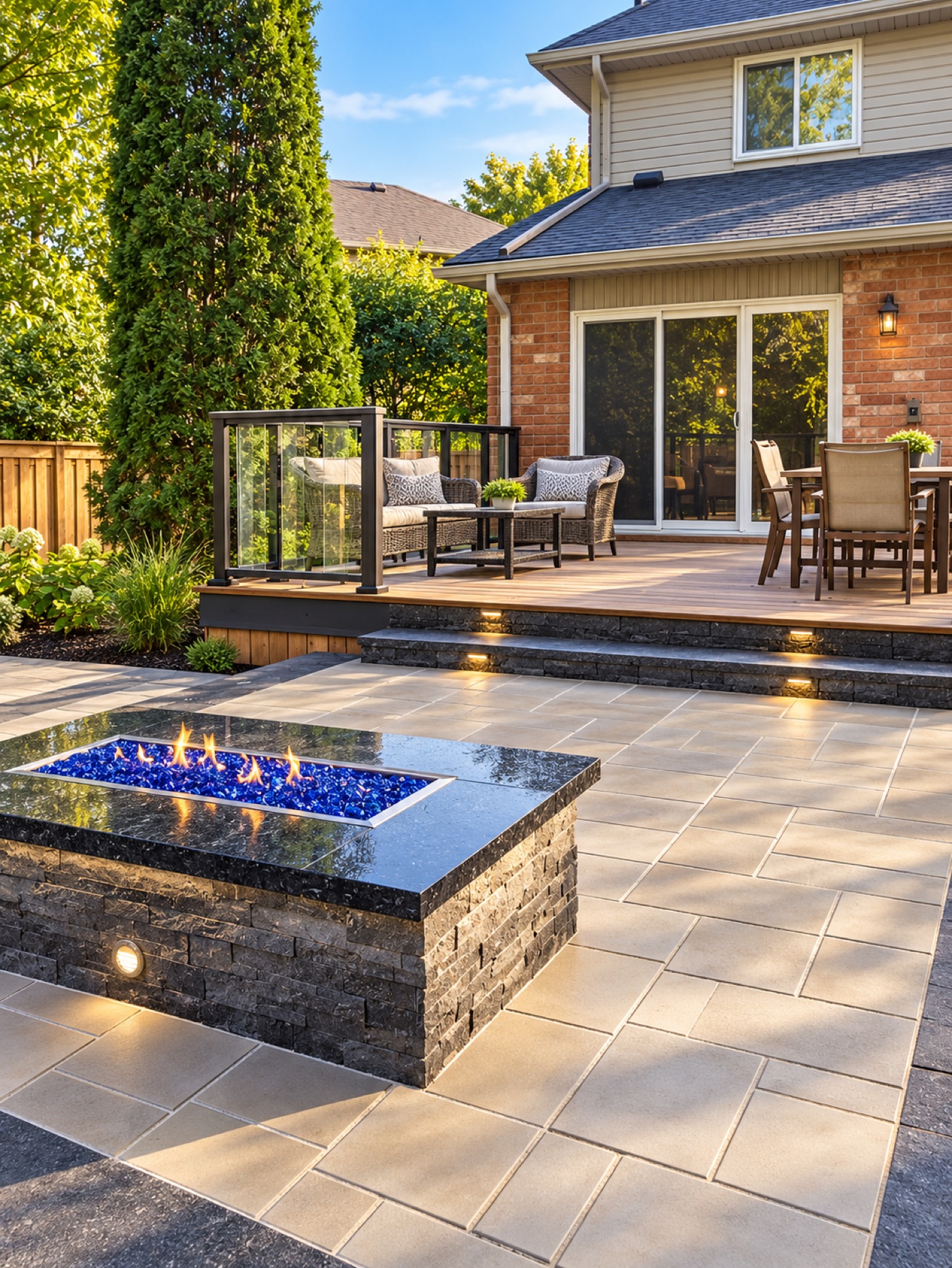 Backyard patio with built-in fire feature and stone bench