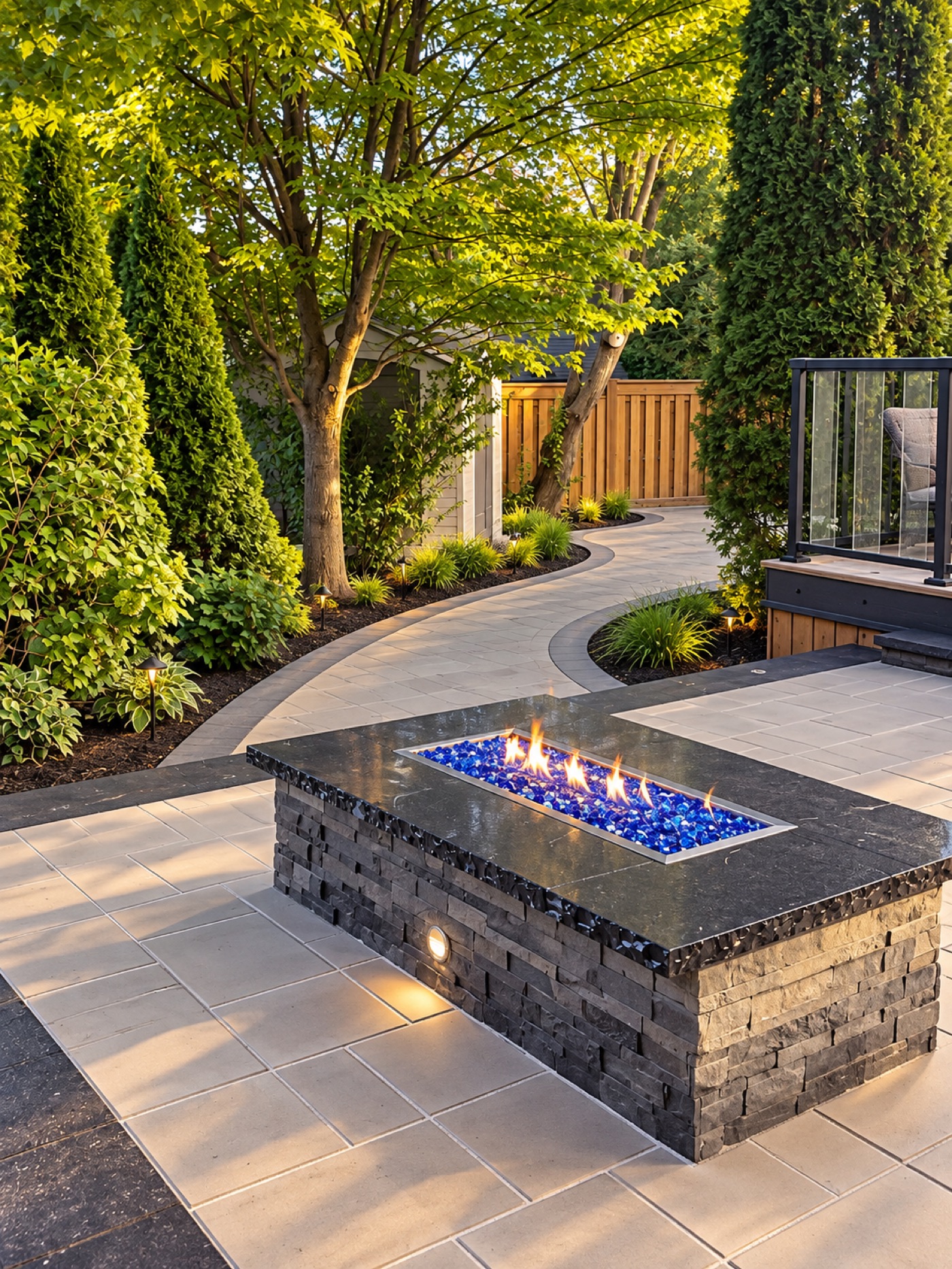 Patio with built-in fire feature and blue glass, deck above