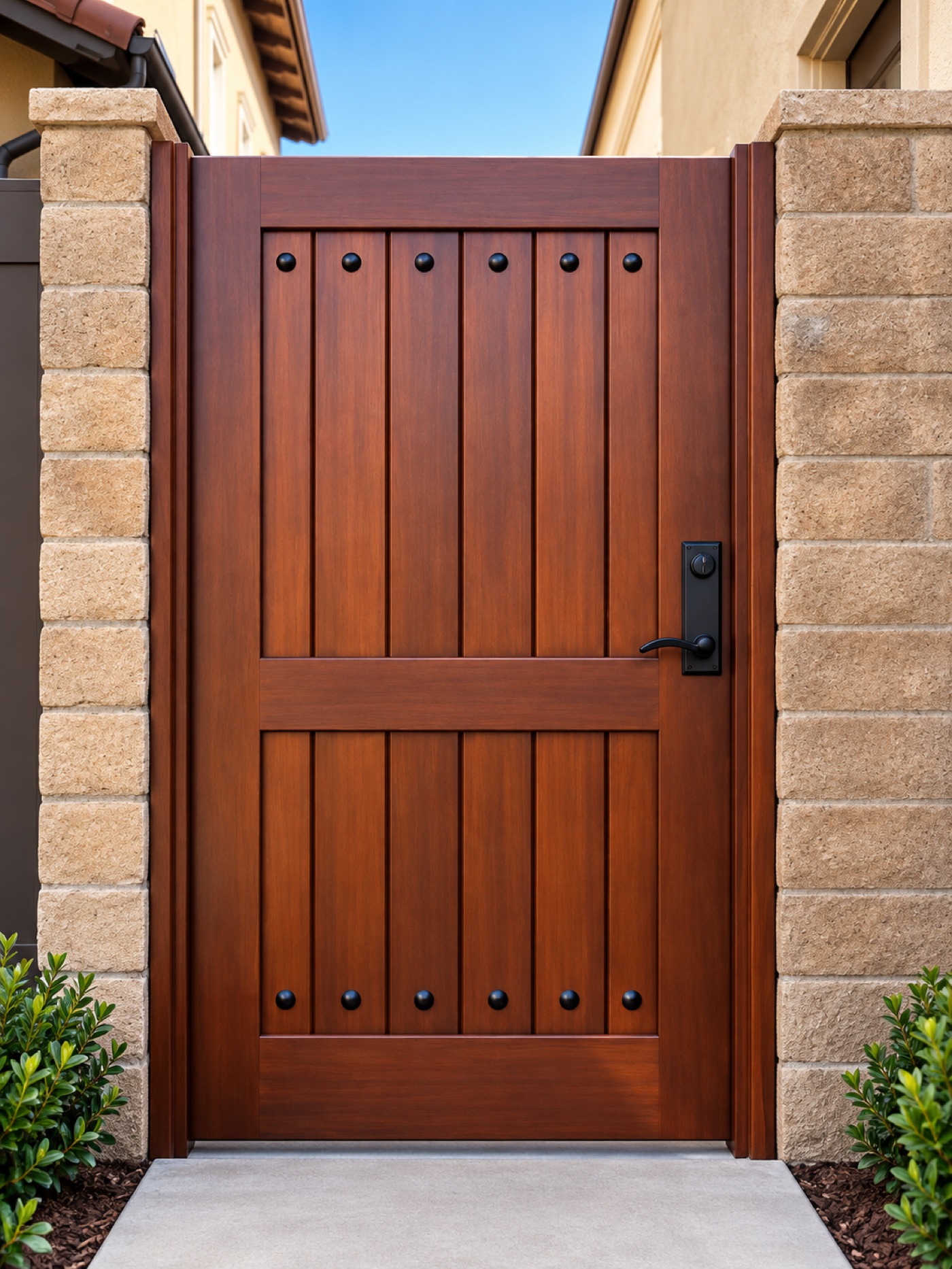 Custom wood side gate with stone pillars